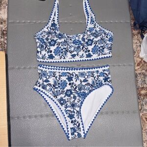 Blue Floral High-Waist Bikini Set